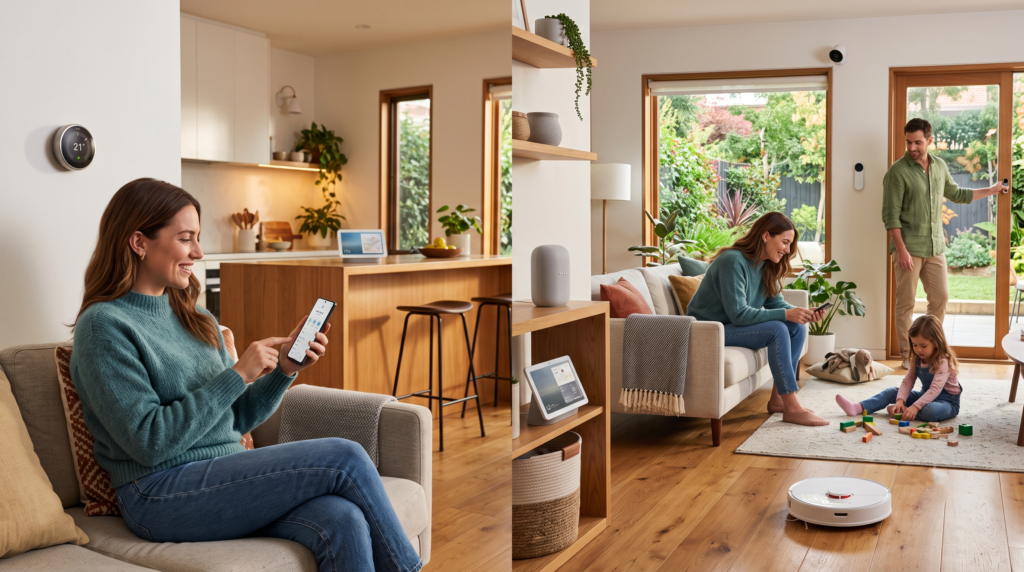 Une femme assise sur son canapé utilise un smartphone pour contrôler une maison connectée moderne et évolutive, entourée de sa famille dans un salon lumineux.