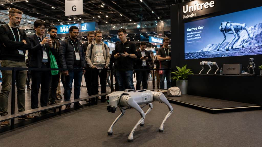 un robot chien Unitree Go2 dans un salon tech